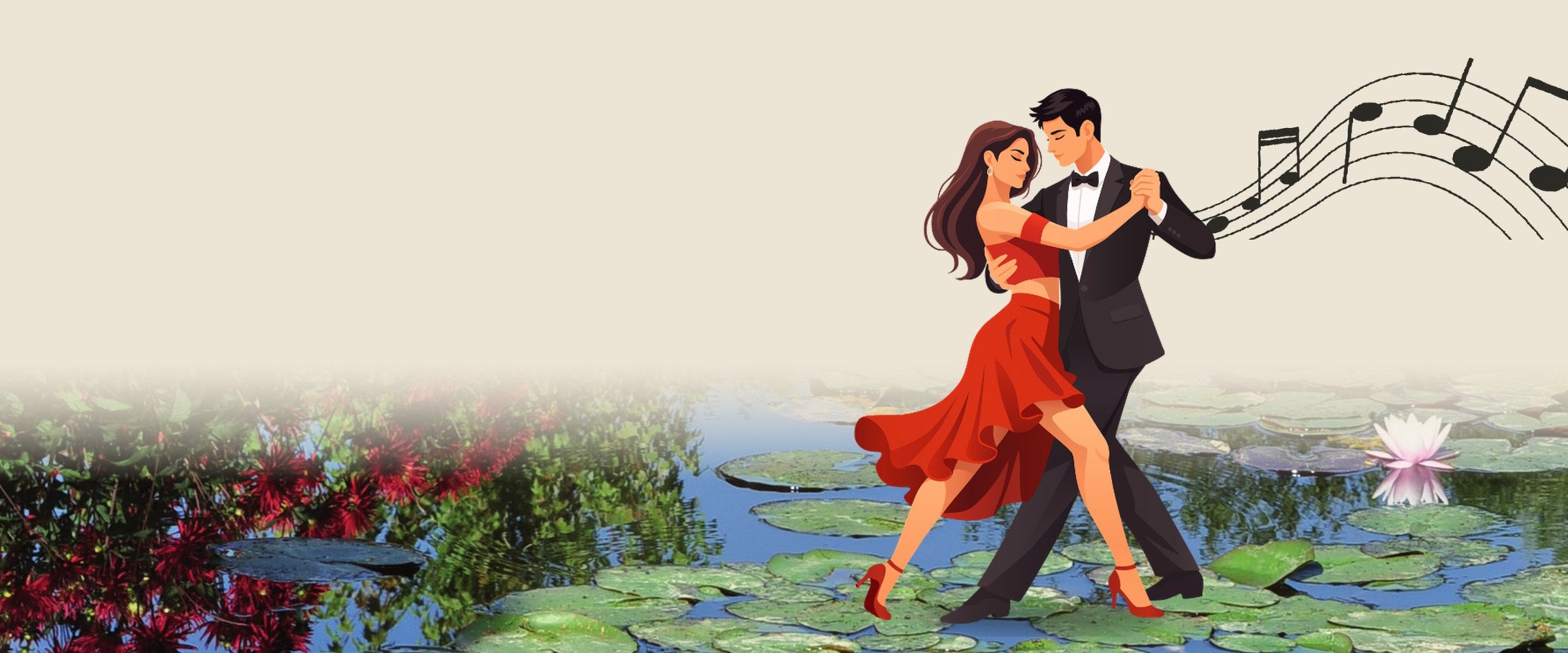 Couple de danseurs de tango sur les nénuphars de l'étang du jardin André van Beek